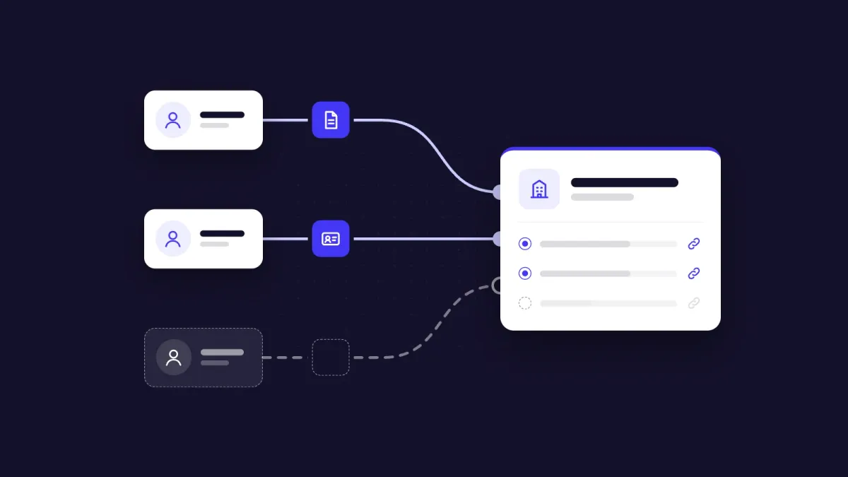 Editorial artwork: three people presented behind a business, each joined to the business record by a line of evidence; two connections are supported by a document and an identification card, while the third is dashed and still unresolved.