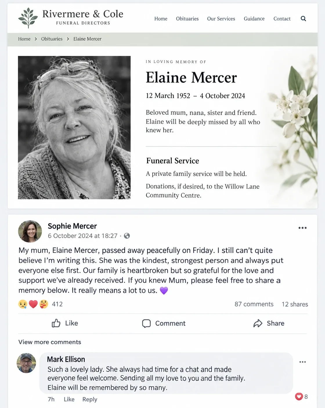 Two corroborating sources side by side: a funeral director’s notice and a family social-media tribute