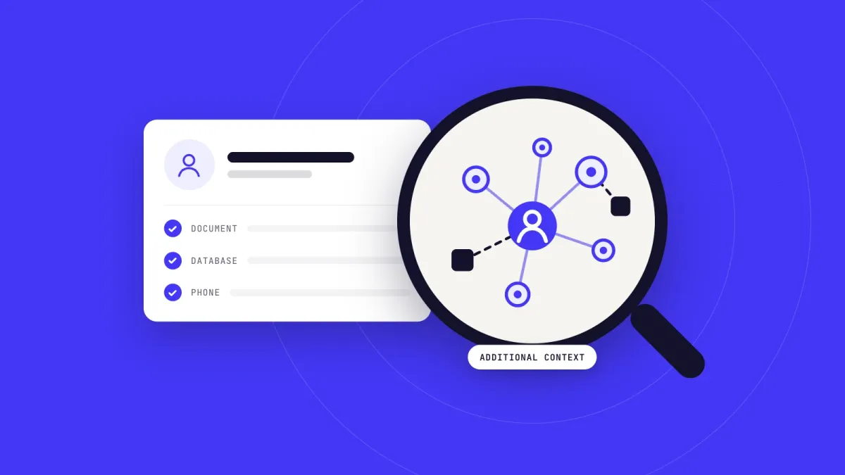 Editorial artwork: an identity profile that has passed document, database and phone checks, viewed through a lens that reveals additional context and connections to other applications.
